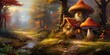 oil painting of autumn mushroom house in forest, generative AI