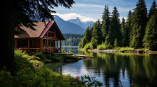 Wood Cabin On The Lake , Log Cabin Surrounded By Trees, Mountains, And Water In Natural Landscapes. Nature Background