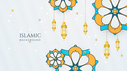 Wall Mural - Yellow, blue and white modern islamic background with mandala pattern and lamp