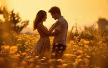 couple as they dance in a field of wildflowers at sunset. 
