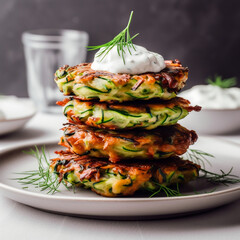 Wall Mural - Delicious vegan Zucchini Fritters on a large white plate with sour cream and chives topping