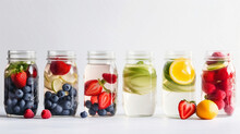 Rows Of Fruit-infused Water In Mason Jars With Straws Strawberries Blueberries Pears Oranges Apples