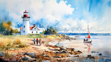 Watercolor Of Lighthouse With People On The Beach