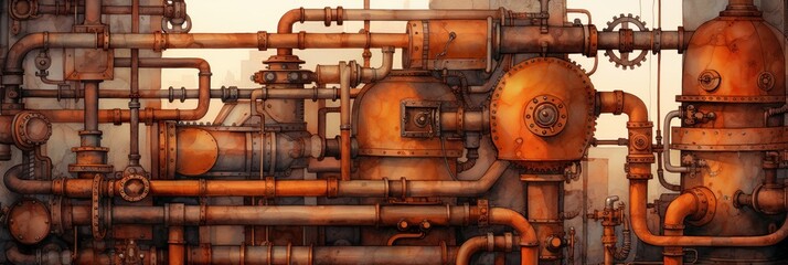 Wall Mural - watercolor of steampunk industrial background, generative AI