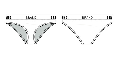 Wall Mural - Logo Waistband Bikini technical fashion illustration. brief fashion flat technical drawing template. Elasticated waistband, women's sporty Underwear. front, and back view. white. CAD mockup