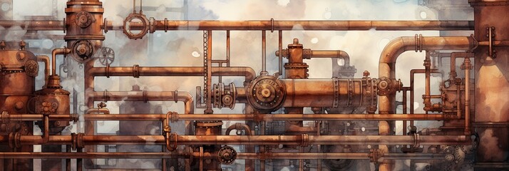 Wall Mural - watercolor of steampunk industrial background, generative AI