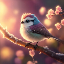 Cartoon Long-tailed Tit In Dreamy Style. Generative AI.