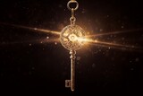 Fototapeta  - Golden key with glowing lights and dark background, wisdom, wealth, and spiritual concept, Generative AI