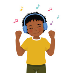 Poster - Happy cute little African boy listening to music with headphone