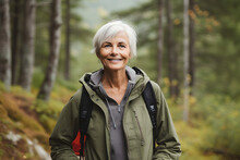Happy Retired Senior Woman Hiking In Forest Enjoying Retirement
