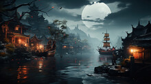 Chinese Harbor Medieval Rainy Day Full Moon Cloudy Sky Aerial View