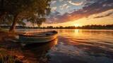 Fototapeta Pomosty - Boats on the lake with sunset in the background