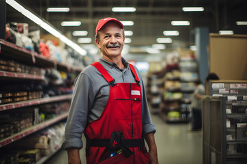 happy mature male home improvement store worker