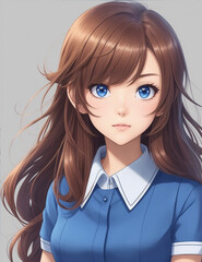 Sticker - A girl with brown hair and a blue shirt. Generative AI.