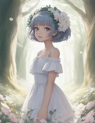 Wall Mural - A girl in a white dress with flowers on her head stands in front forest. Generative AI.