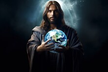 Divine Illuminator: The Evocative Scene Of Jesus Grasping A Luminous Globe, Radiating Spiritual Enlightenment
