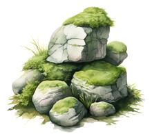 Watercolor Mossy Rocks. Stone Pile With Green Moss Isolated.
