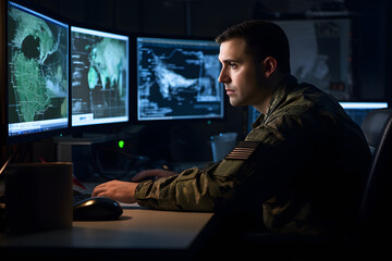 A Military Surveillance Officer is working in a central office hub to manage national security and army communications through a tracking operation focused on cyber control and monitoring