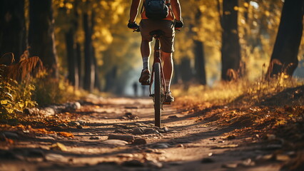 Cyclist riding bike in helmets go in sports outdoors on sunny day.