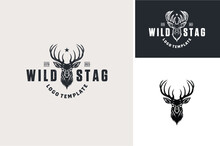 Classic Vintage Antler Deer Face For Wildlife Hunting Logo Design. Silhouette Of Cervidae Head Like Stag, Buck, Hart, Reindeer, Mule,  Whitetail, Elk. 
