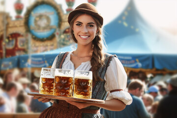 Young happy Woman in traditional Dirndl dress with beer mugs at German Oktoberfest celebration