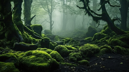 Wall Mural - Magic deep forest with moss and fog