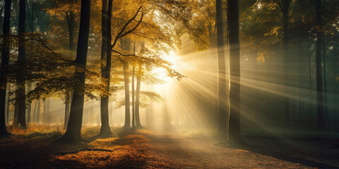 Wall Mural - Beautiful autumnal forest into the morning light