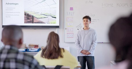 Wall Mural - classroom presentation, screen and child talking, discussion or explain education study, student pro