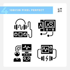 Poster - Healthcare equipment pixel perfect black glyph icons set on white space. Hospital machines. Medical occupation. Patient care. Silhouette symbols. Solid pictogram pack. Vector isolated illustration