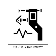 Poster - Eye tonometer pixel perfect black glyph icon. Ocular tonometry. Optical store. Vision test. Glaucoma treatment. Silhouette symbol on white space. Solid pictogram. Vector isolated illustration