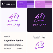 Pet Store Gradient Line Business Logo. Brand Name. Healthy Nutrition. Dog Silhouette With Lightning Symbol. Design Element. Playful Visual Identity. Nunito Font Used. Suitable For Puppy Kindergarten