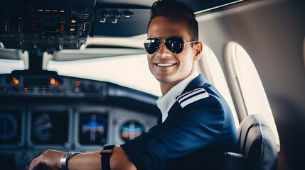 Portrait of handsome cheerful young man pilot with glasses sitting in cockpit getting ready for flying, handsome airplane pilot smiling in cabin