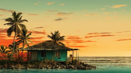 Poster -  a hut on an island with palm trees and a sunset in the background.  generative ai