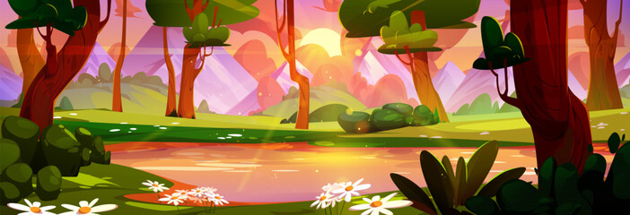 Wall Mural - Sunset on forest lake with mountain view cartoon background. Beautiful pink and orange sky with sunlight beam falling on river shore with chamomile flower and green grass nature environment.