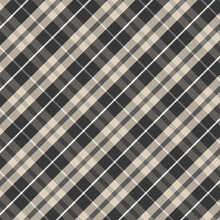 Seamless Diagonal Plaid And Checkered Patterns In Black Brown And White For Textile Design. Tartan Plaid Pattern With A Cross-shaped Background For A Fabric Print. Vector Illustration.