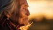 © Yevhenii - Old senior native american woman close-up portrait with wrinkles skin on golden sunset, outdoors in America nature. Indigenous people of first nation of americas