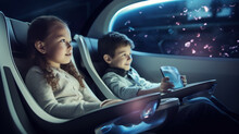 Children Ride In A Self-driving Car Controlled By An Artificial Intelligence Autopilot. Future Technologies, Internet Of Things And Smart Devices Concept.