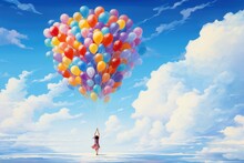 Creative scene with a hand holding a bunch of colorful balloons Generative AI.