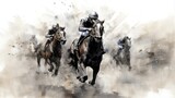 Fototapeta Konie - horse racing in the fog. horse racing sketch. horse racing tournament. equestrian sport. illustration of ink paints.
