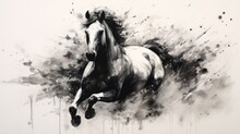 Horse In Water. Horse Racing Sketch. Horse Racing Tournament. Equestrian Sport. Illustration Of Ink Paints.