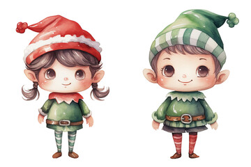 Wall Mural - Christmas cute elves on transparent background, Set of Watercolor xmas elves isolated on white background, elves fun characters isolated for banner, flayer, poster, story book, fairy tail, invitation