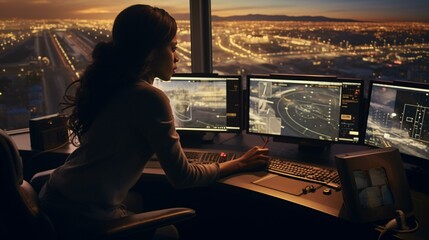 Photo of a woman working with multiple computer monitors