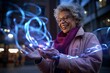 smiling african american woman in eyeglasses holding glowing neon sign