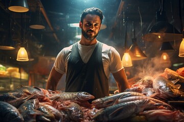 Wall Mural - A man surrounded by a school of fish