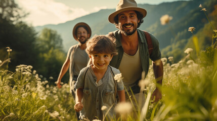 Happy cheerful carefree freedom family playing fun love together walking run active lifestyle at outdoor park meadow grass field sunset happiness moment,ai generate