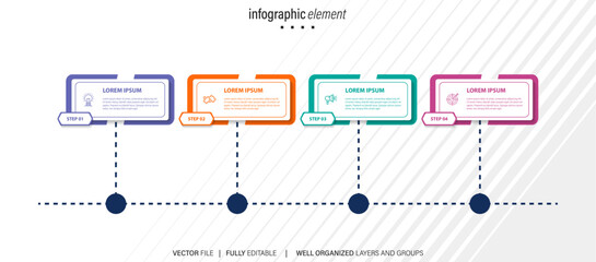 Stage infographics template diagram with rectangle horizontal shape right direction and 4 point step creative design for slide presentation
