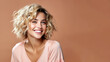 © pariketan - Young woman with short curly blonde hair, has perfect facial skin, cosmetic advertising facial antiage lift products salon care tighten skin
