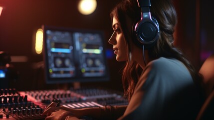 Wall Mural - A woman wearing headphones at a mixing desk, immersed in the music production process