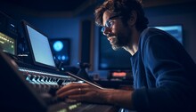 A Man Operating A Mixing Desk In A Recording Studio
