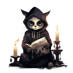 Wall Mural - A cat wears a robe and a book with a skull and candle
